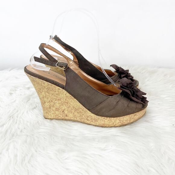 2/$30 CL by Laundry 9 M Womens Brown Ilena Slingback Flower Peep Toe Cork Wedges - Picture 3 of 12